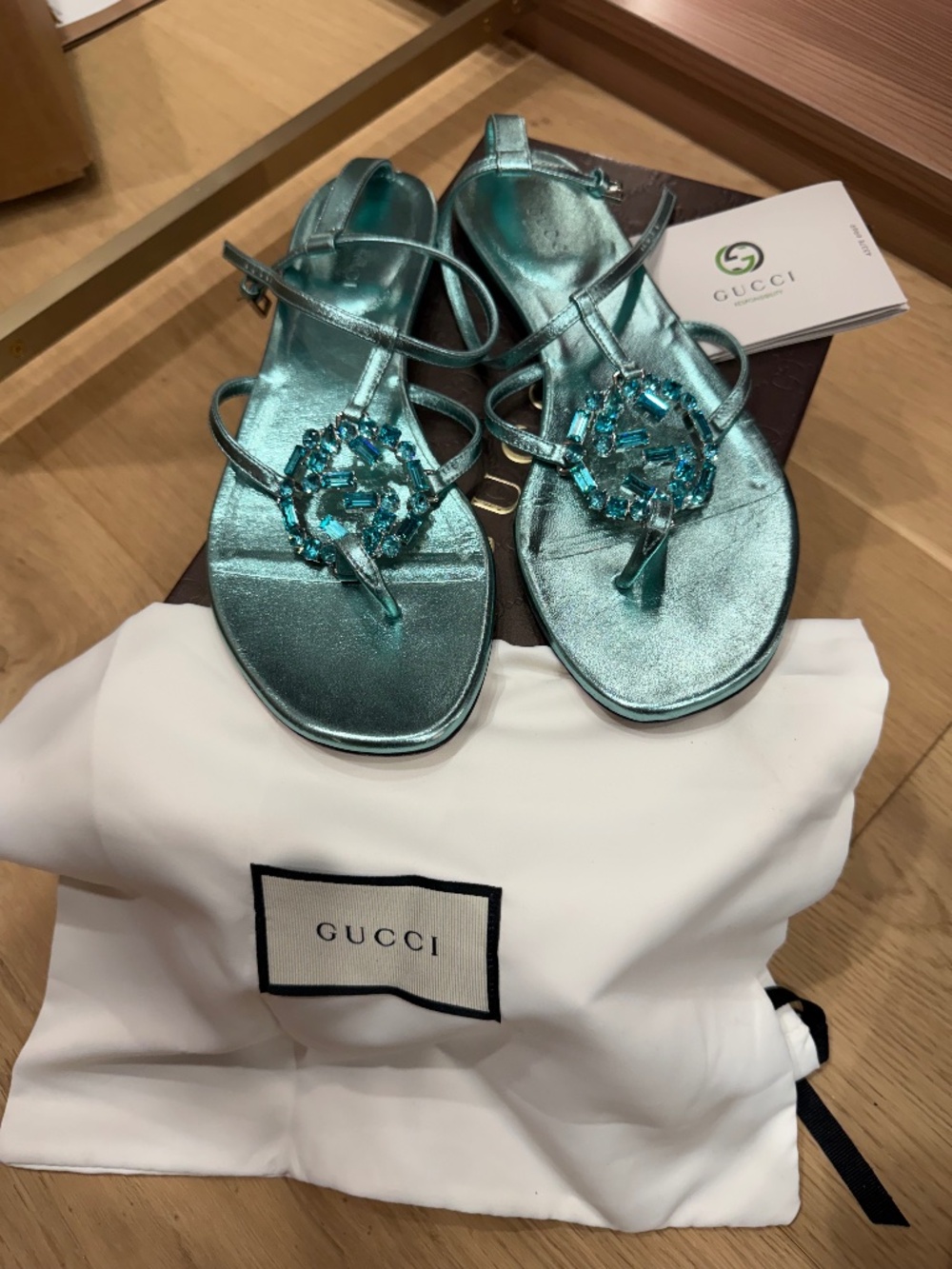 Gucci Metallic Turquoise Crystal Embellished Sandals 37.5